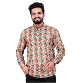 Mens cotton blended printed full sleeve shortkurta in multicolor with mandarin neck and button closure for men